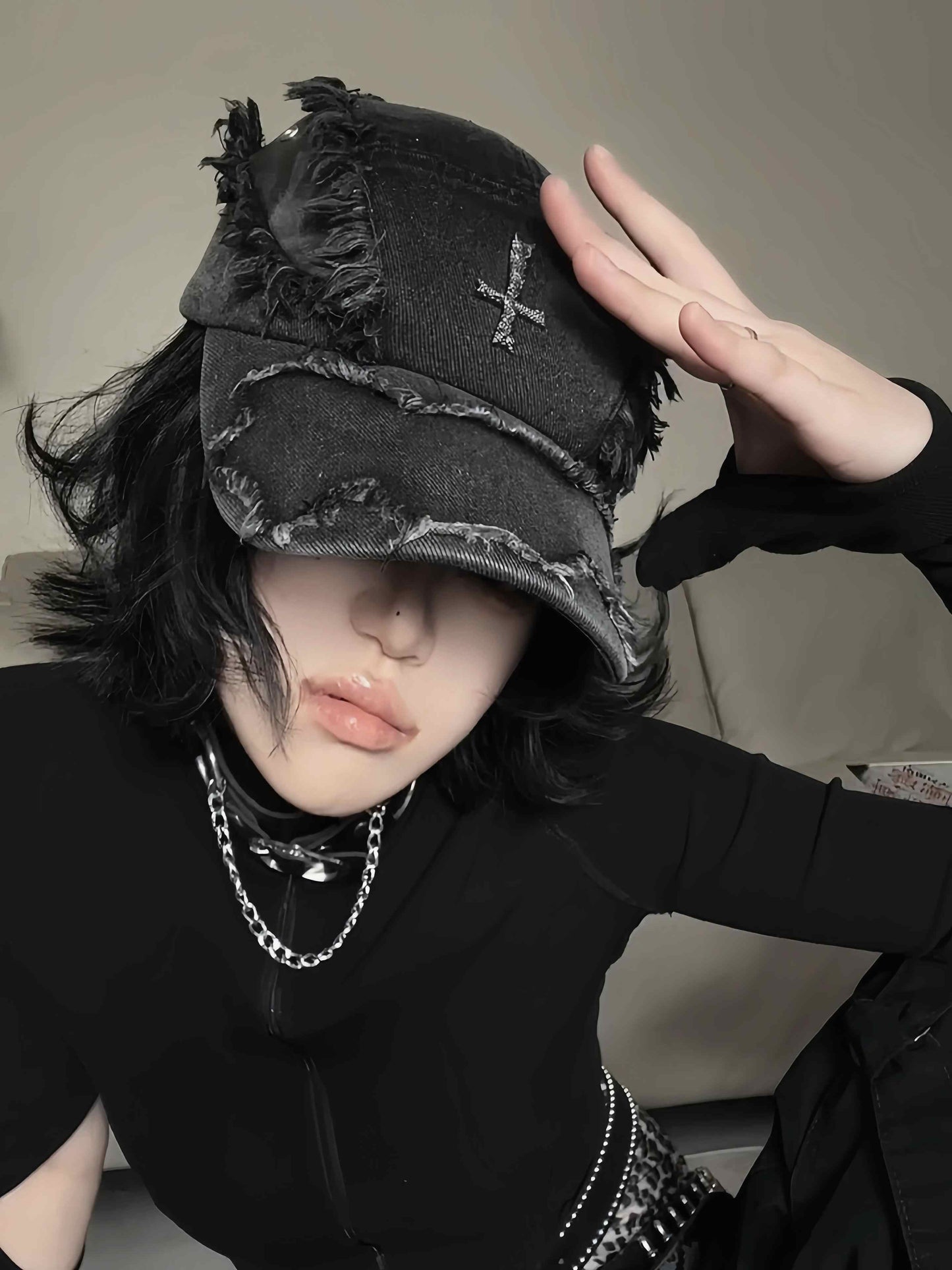 Washed Destroyed Leather Patchwork Denim Cross Baseball Cap