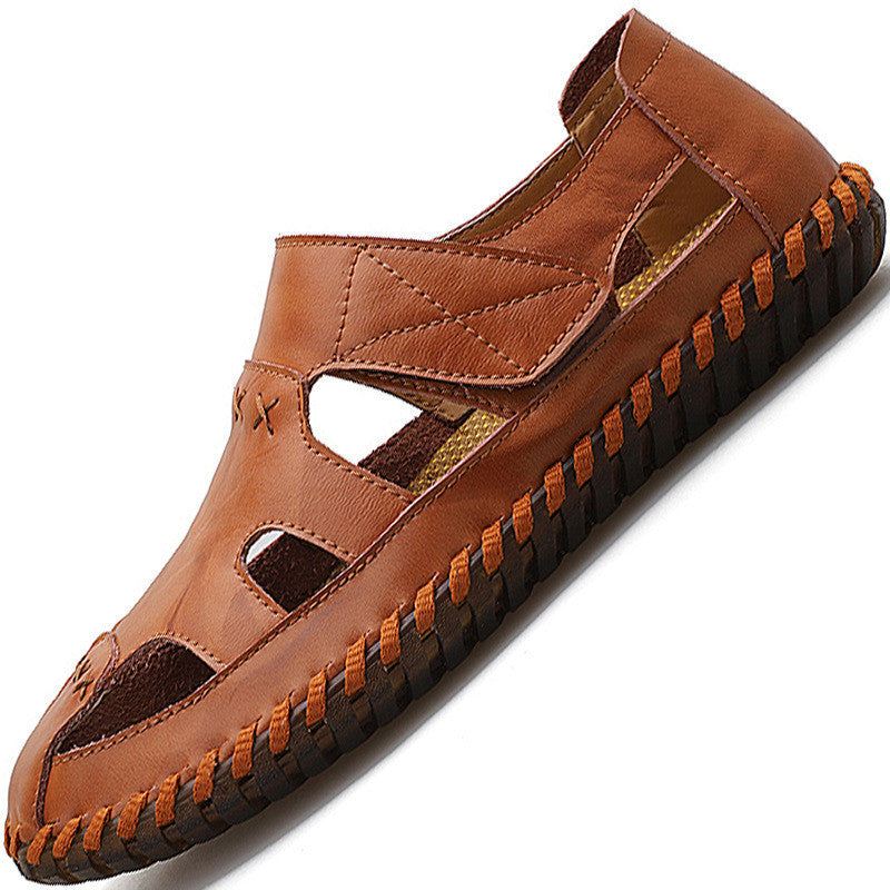 New Style Men's Shoes Summer Sandals Baotou Driving Leather Shoes Men's Slippers Casual Hollowed Out Tendon Bottom Dual-Use
