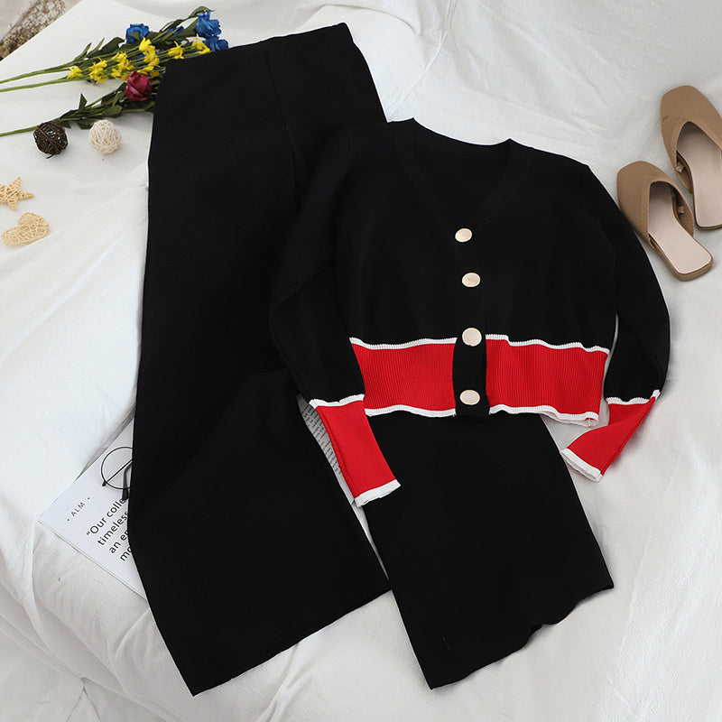 V-neck Cardigan Wide-leg Pants Sweater Set