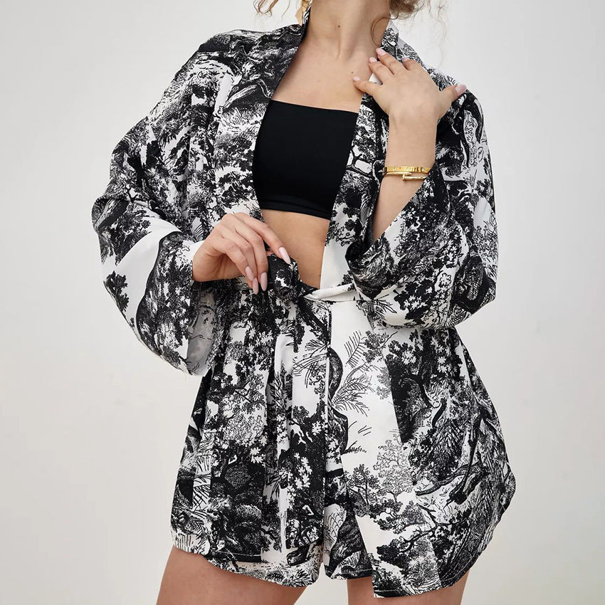 Comfortable Blue Soft Printed Long Sleeve Shorts Pajamas Suit