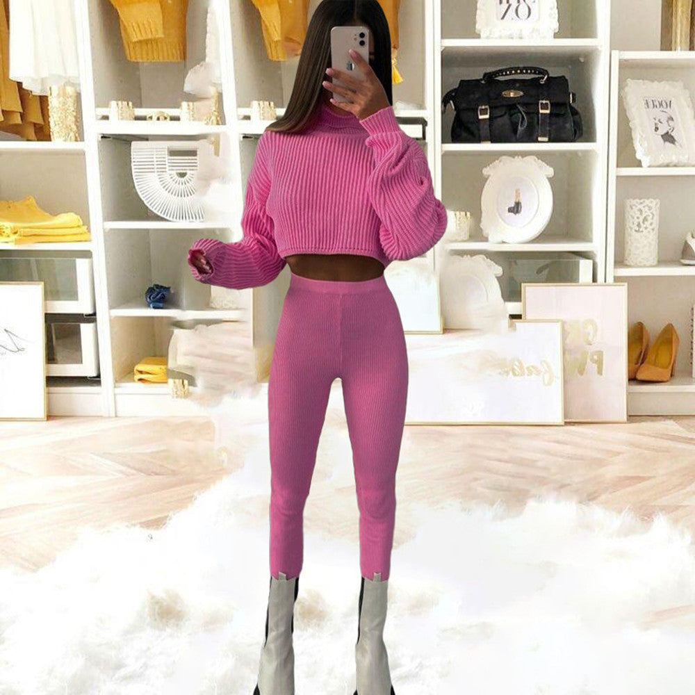 High-neck Long-sleeve High-waist Solid Color Wool Pants Suit