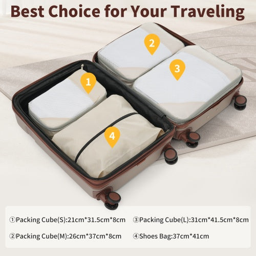 4 Piece Luggage Set With Compression Packing Cubes For Suitcase Expanable Spinner Wheels Lightweight Suitcase With TSA Lock 16 IN 20IN 24IN 28IN