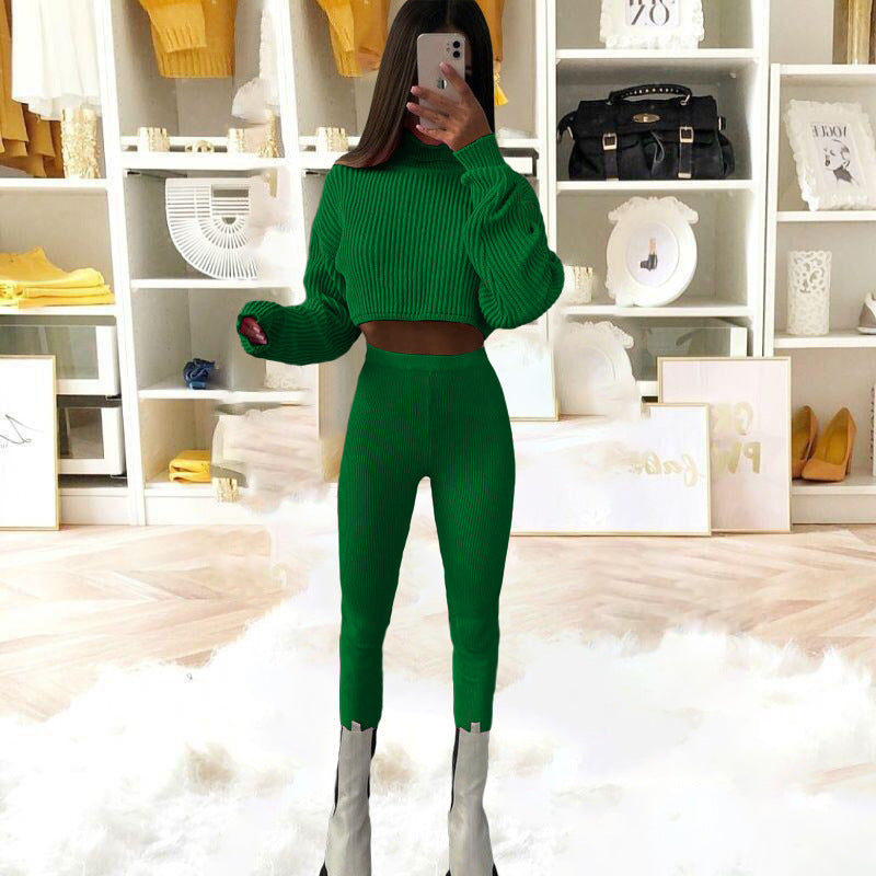 High-neck Long-sleeve High-waist Solid Color Wool Pants Suit