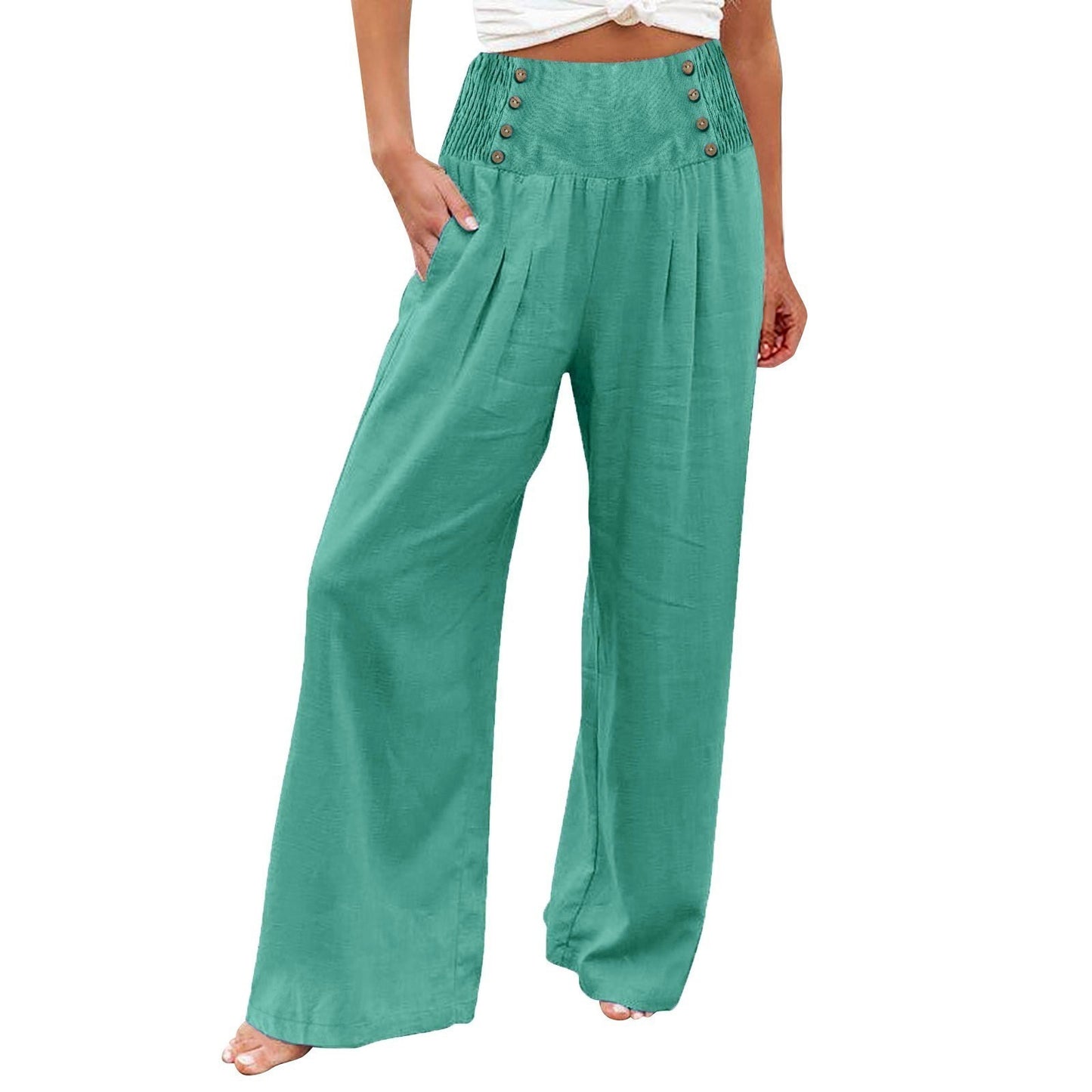 Spring And Summer Casual Elastic Waist High Waisted Women's Wide Leg Cotton Linen Loose Pants