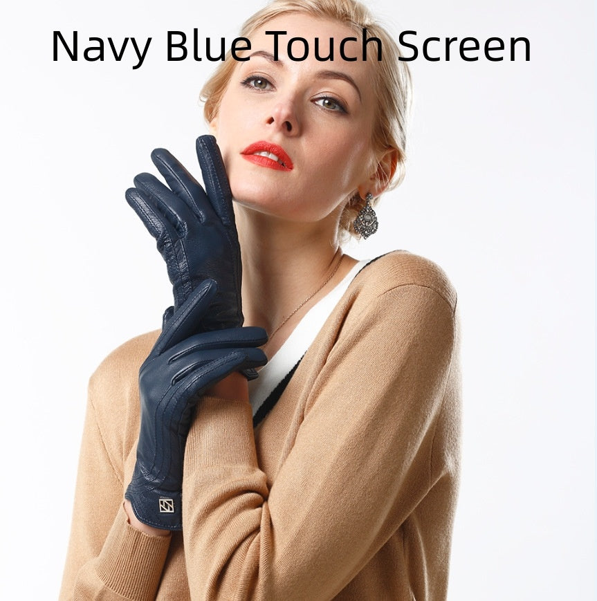 Women's Fashion Winter Warm Gloves Real Lamb Leather Handmade Curve Sheepskin Gloves
