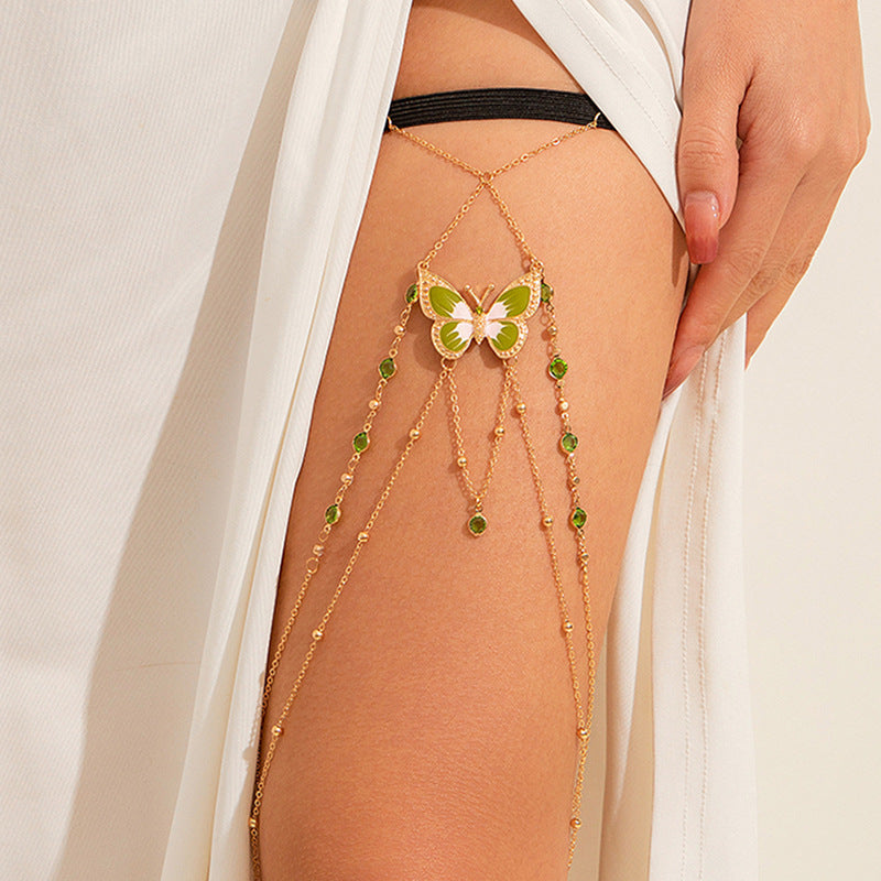 Elastic Band Leg Bracelet Green Painted Butterfly