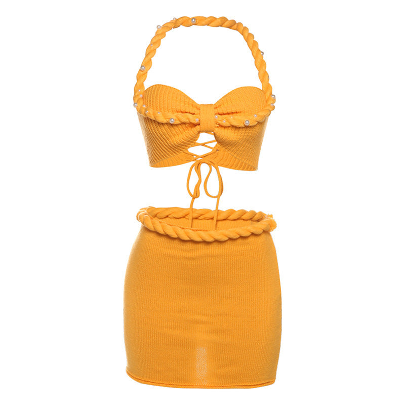 Women's Sexy Halter Tied Spaghetti-strap Vest Knitted Slim Fit Skirt Suit