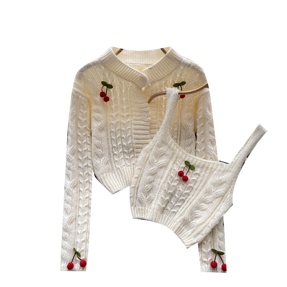 Long Sleeve Knit Sweater Cardigan Jacket Short Style Halter Vest