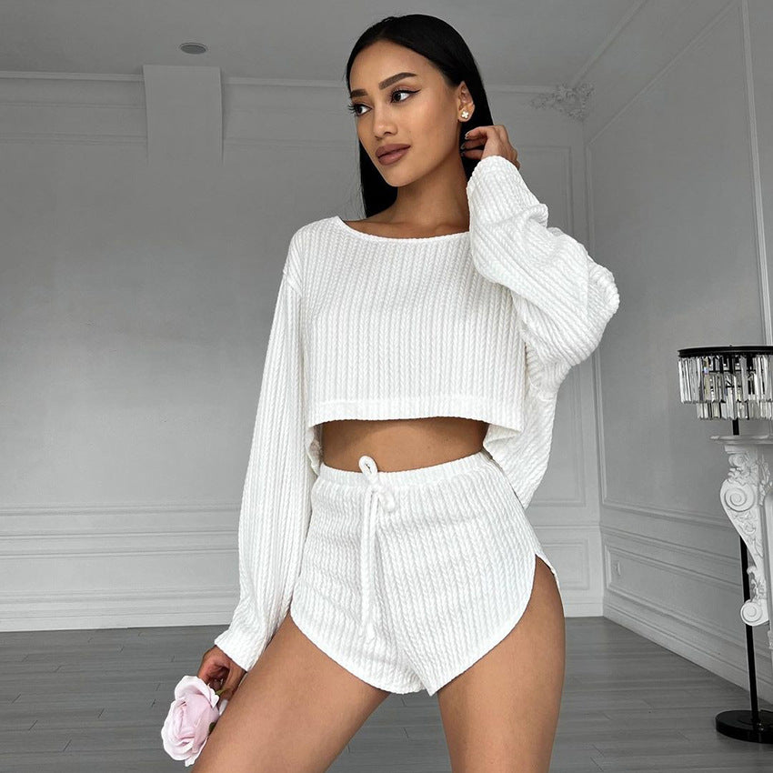 Polyester Women's Summer Long Sleeve Shorts Pajamas Suit