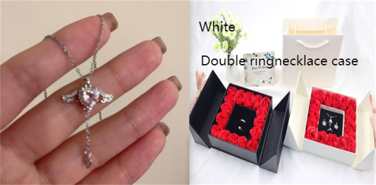 Rose Box Double Door Jewelry Box Valentine's Day Bow Gift Box Necklace Locket