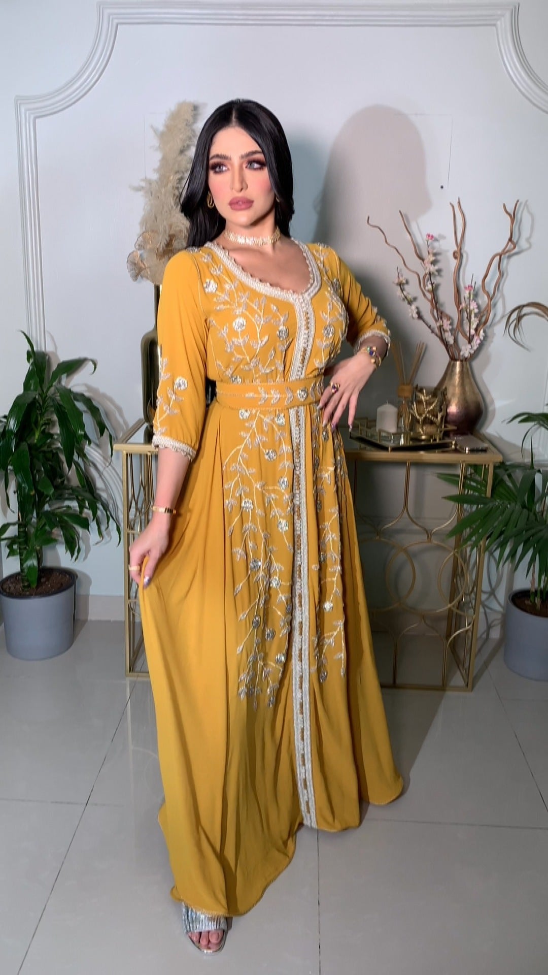 Women's Middle East Hot Fix Rhinestone Kraft Tan Robe Gown