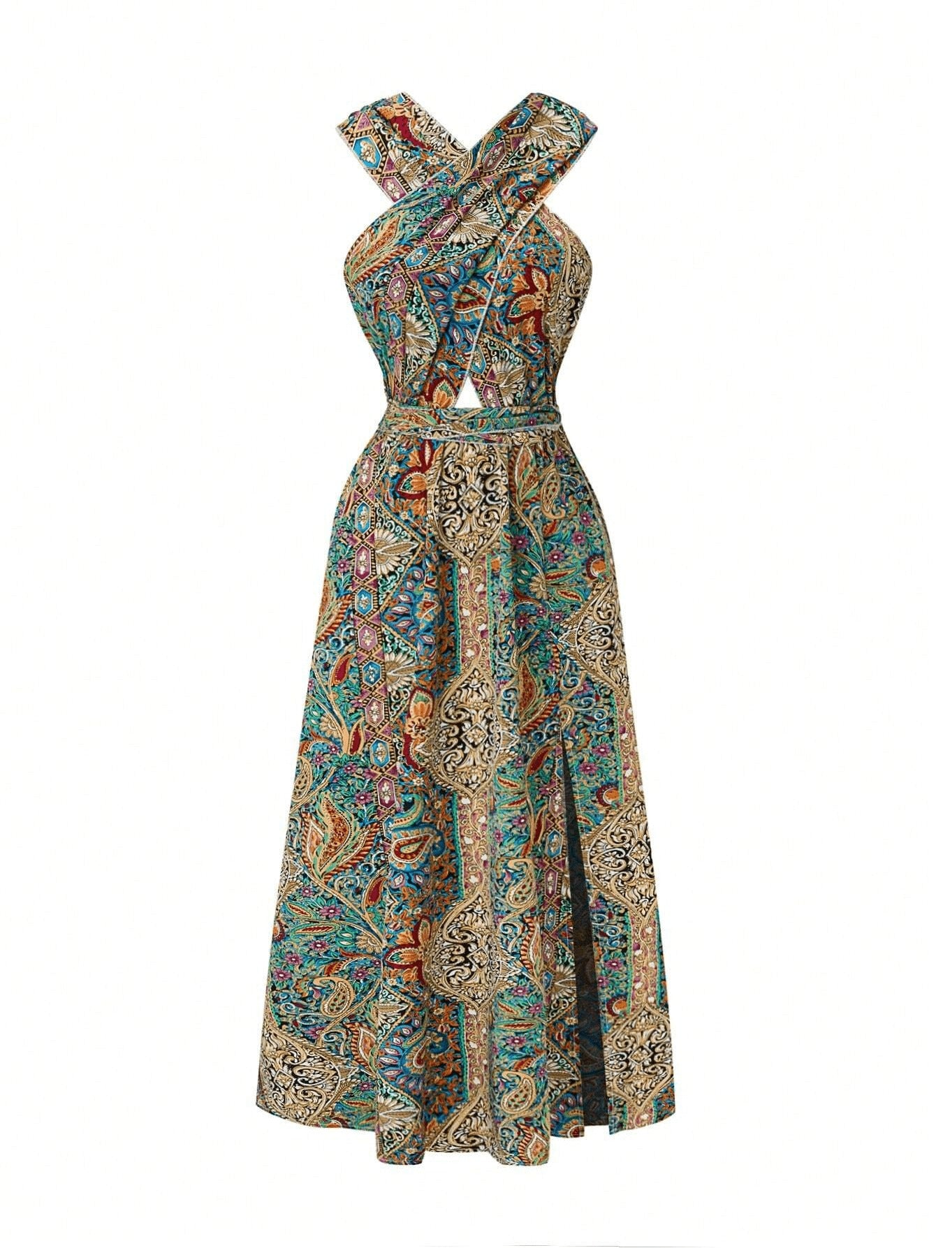 Women Print Maxi Dress High Waisted Cross Halter Neck With Tie Detail,Flowing Vacation Gown In Teal, Blue-Green & Brown Paisley Pattern, Machine Washable, Summer Fashion Decorative Tie Detail