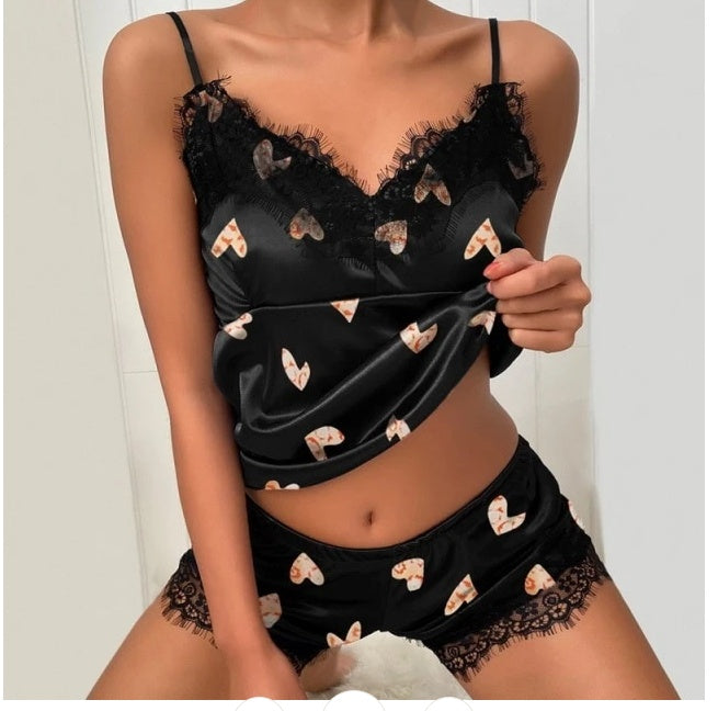 Ladies Eyelash Lace Decoration Polka Dot Printing Satin Suspender Pajamas Suit