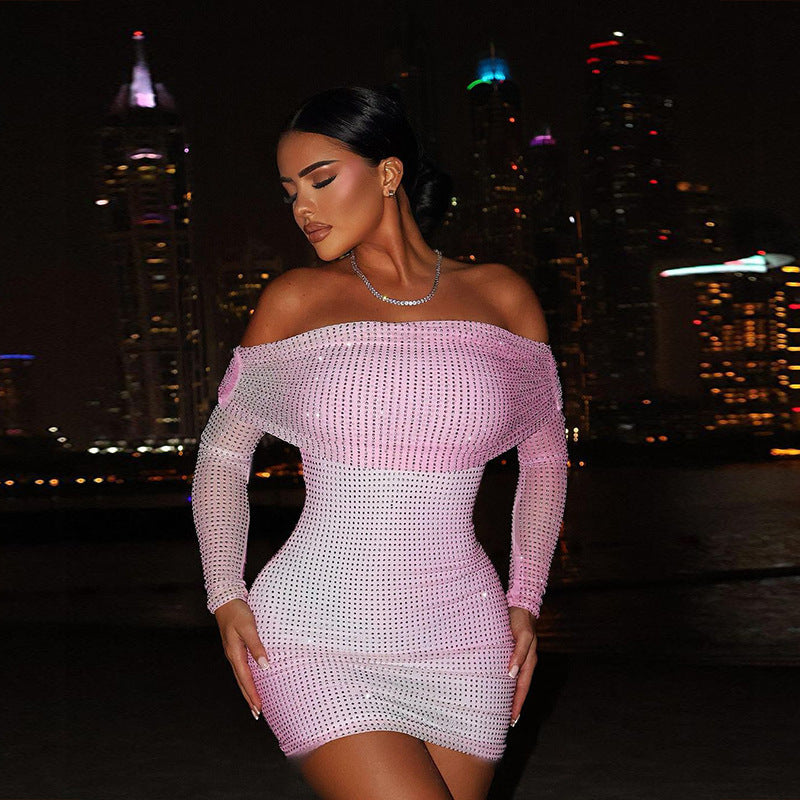 Off-shoulder Pleated Long Sleeve Dress Women