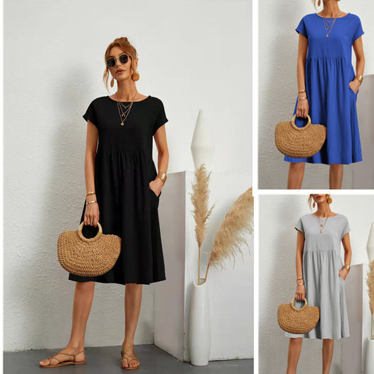Summer OL Style Women's Solid Color Cotton Round Neck A-line Skirt Mid Length Dress
