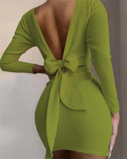 Women's Drawstring Ruffled Long Sleeve Dress