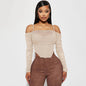 Mesh See-through Off-neck Braces Long Sleeve Irregular Cinched Waist Slim-fit Top T-shirt For Women