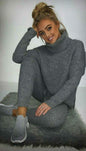 Ladies Chunky Knitted Ribbed Polo High Neck Top Leggings Loungewear Suit Set