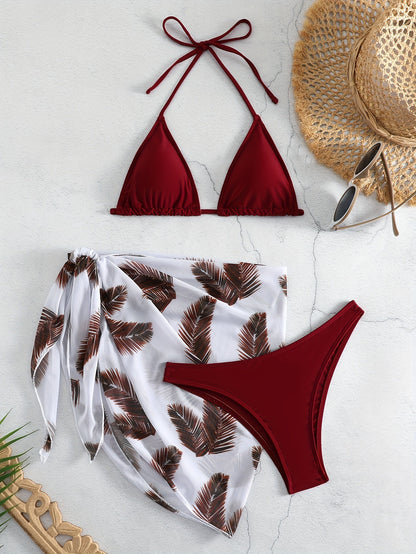 Bikini Three-piece Swimsuit Solid Color Swimsuit Printed Gauze Skirt