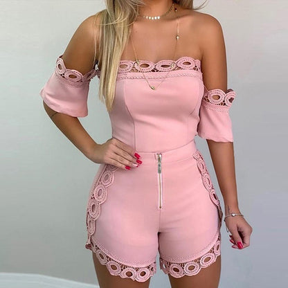Off-the-shoulder lace two-piece suit