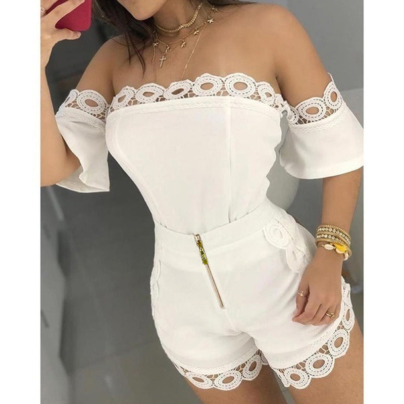 Off-the-shoulder lace two-piece suit