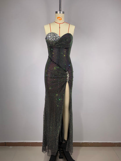 Tube Top Bright Sequin Mesh Rhinestone Handmade Fishbone Slim Dress