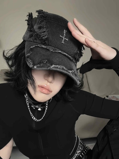 Washed Destroyed Leather Patchwork Denim Cross Baseball Cap