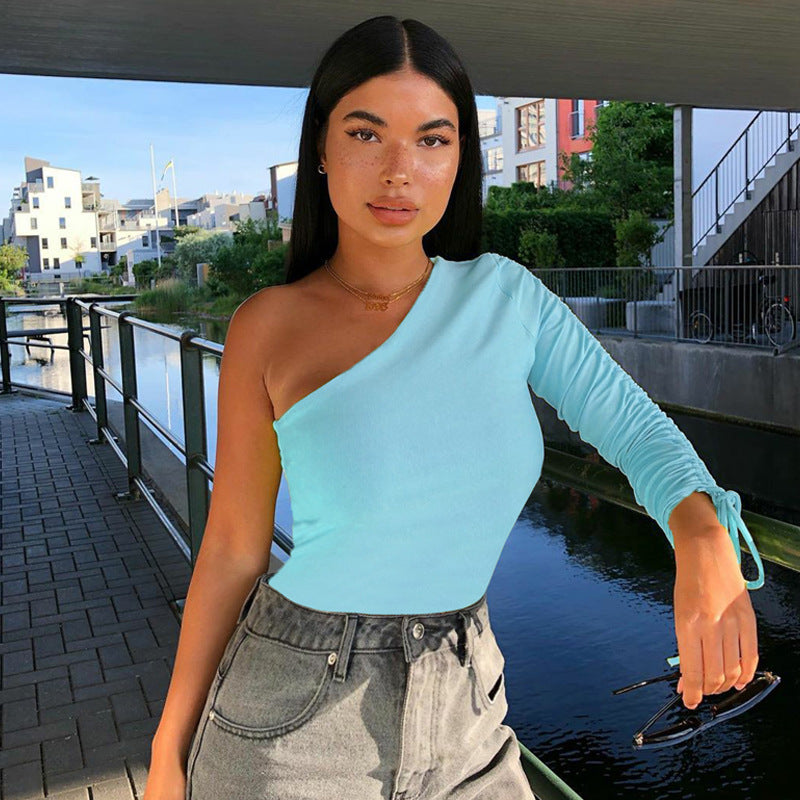 One-Shoulder Long-Sleeved Blouse For Fall New Fashion Slim Cropped T-Shirt Women