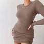 Waffle Round Neck Pullover Long Sleeve Dress
