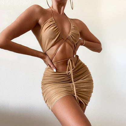 Autumn Bright Silk Dress Sexy Hot Girl Halter Halter