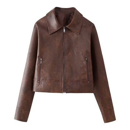 Women's Retro Lapels Long-sleeved Zipper Leather Jacket Skirt