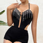 Lace-up Halterneck Diamond Chain Tassel Hollow-out Navel Backless Bodysuit