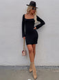 Female Slingback Square Collar Long Sleeve Dress Sweater