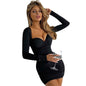 Long-sleeved Square Neck Sexy Low-cut Slim-fit Buttocks Printed Dress