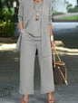 Pure Color Split Round Neck Sleeveless Vest Top Long Sleeve Cardigan Jacket Wide Leg Pants Suit