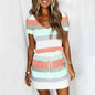 Striped Print Long Sleeve V-Neck Drawstring Dres