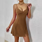 V-neck Sexy Fashion Suspenders Solid Color Sleeveless Waist Dress