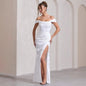 Solid Color Backless Off-shoulder Slit Pleated Fashion Sexy Dress