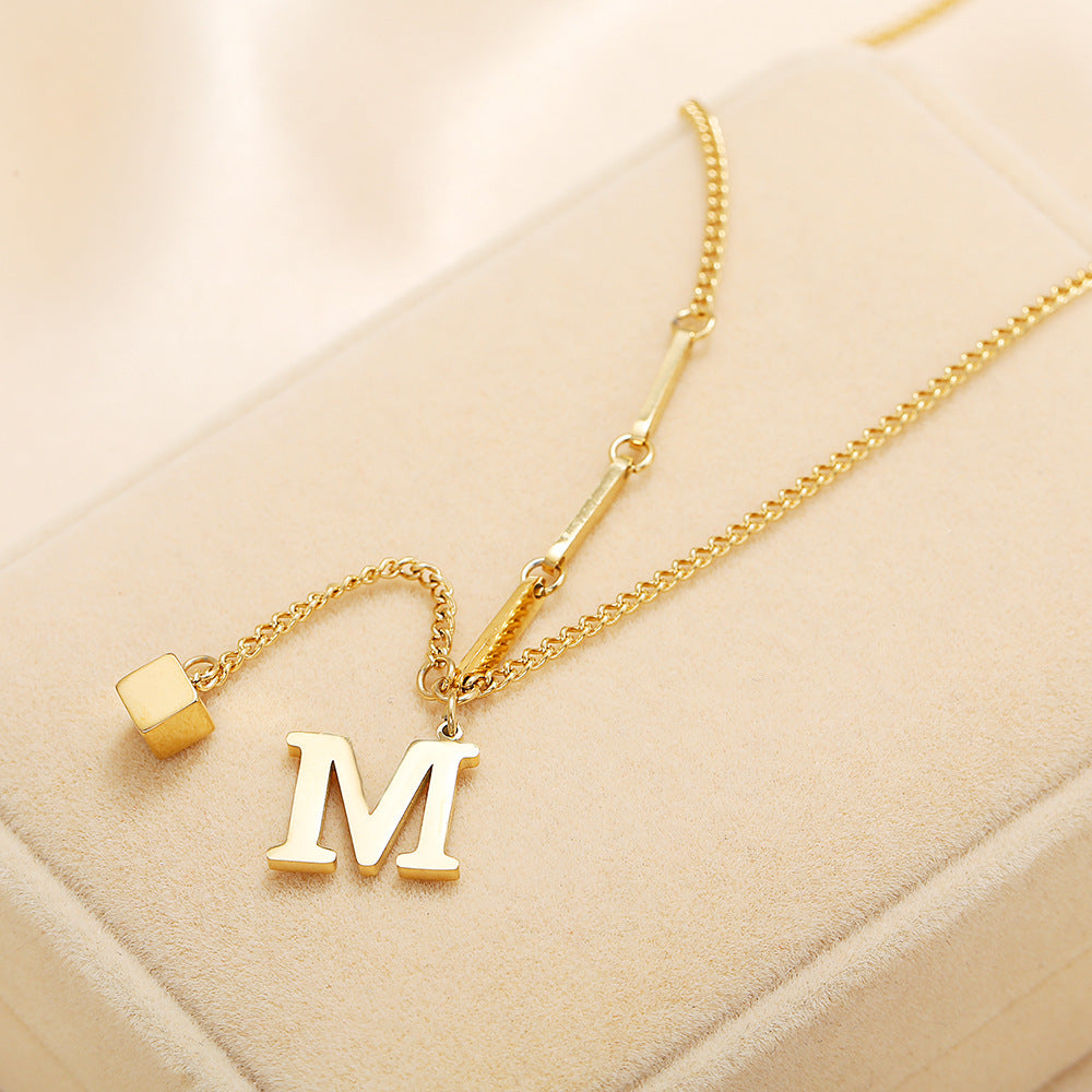 Simple M Shaped Small Square Pendant Necklace Womens Titanium Steel