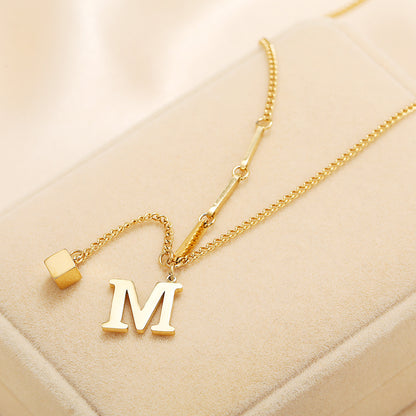 Simple M Shaped Small Square Pendant Necklace Womens Titanium Steel