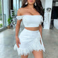 Lace word off shoulder suit
