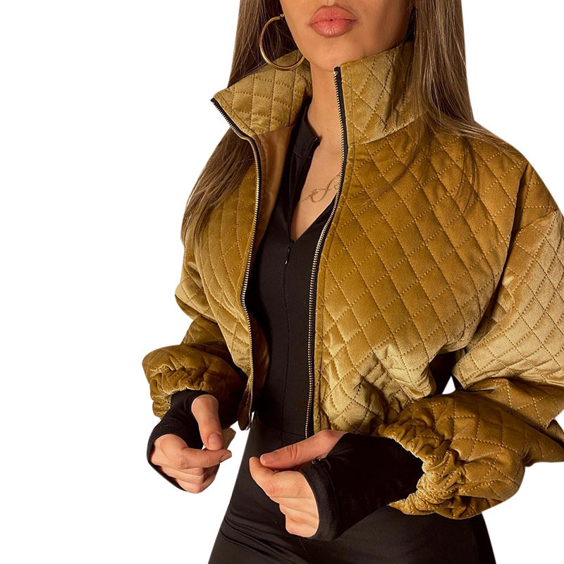 Diamond Plaid Stand Collar Zipper Short Jacket Temperament
