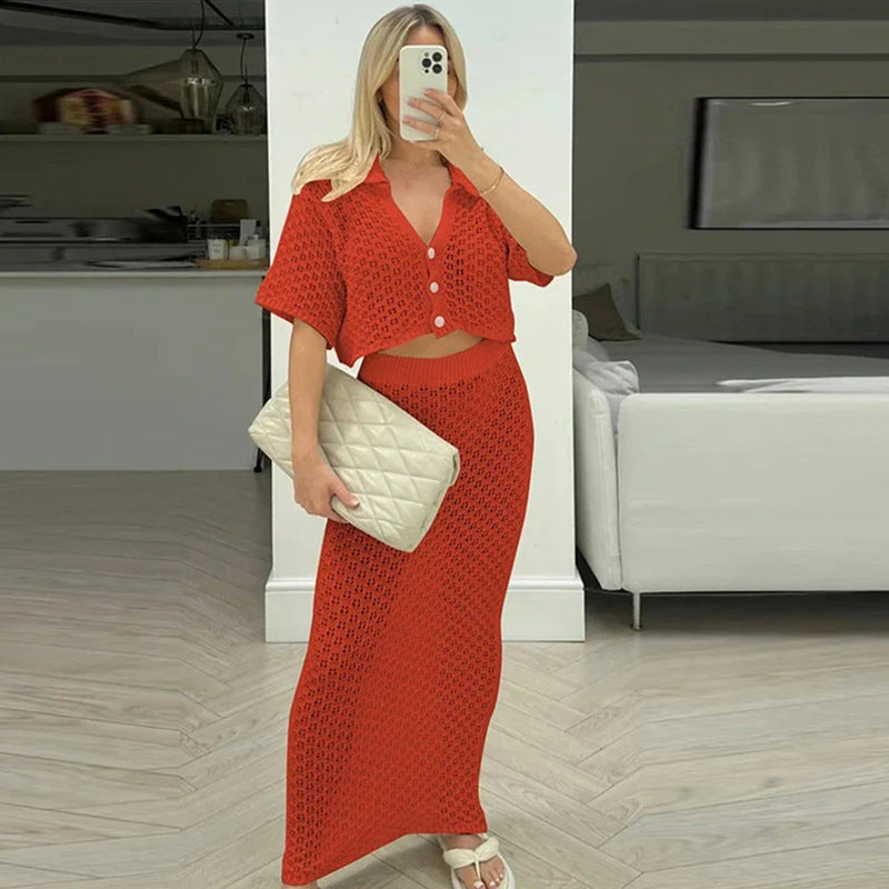 Women's Hollow Short Sleeve Beach Knitting Suit