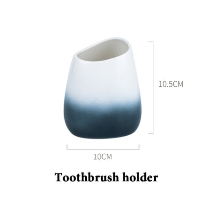 Washing suit couple brushing teeth and mouthwash cup