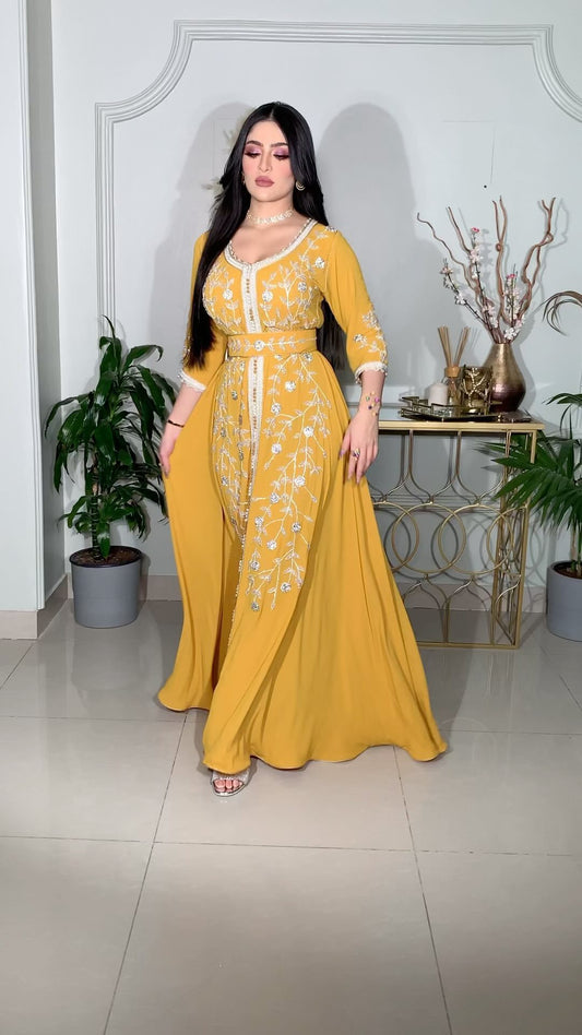 Women's Middle East Hot Fix Rhinestone Kraft Tan Robe Gown