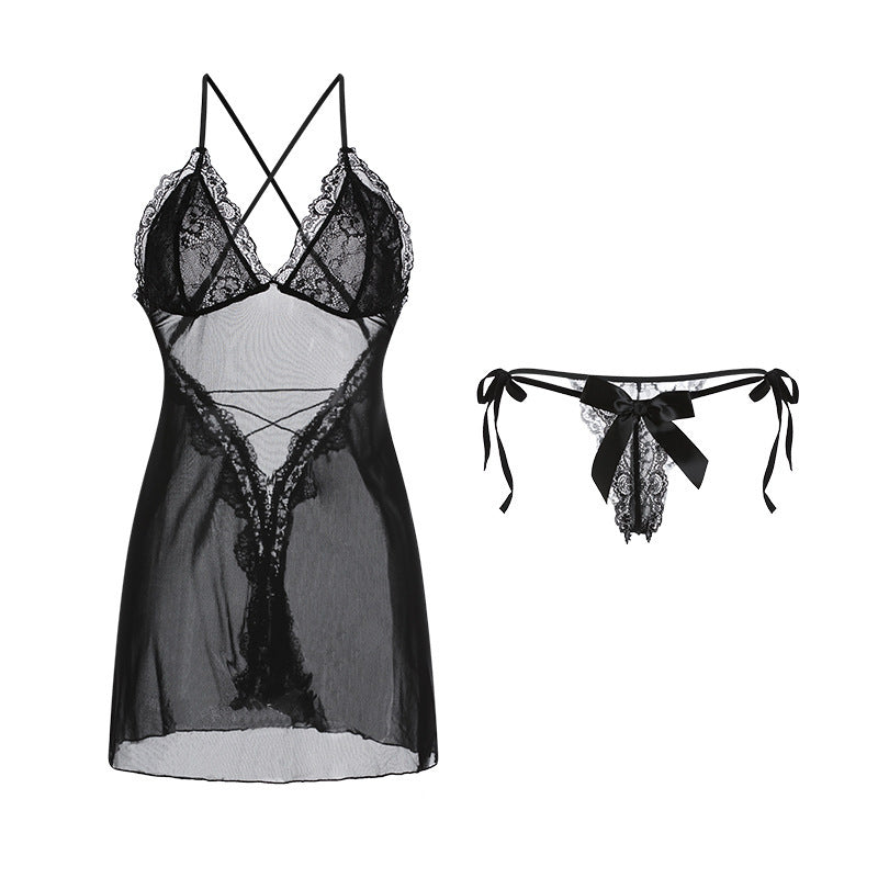 Women's Backless Pajamas Lace-up Transparent Nightdress Home Wear Suit