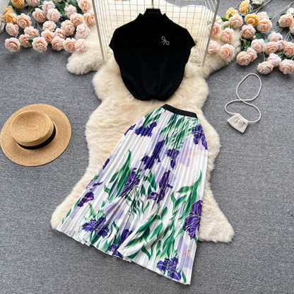 Women's Summer High-end Design Sense Niche Sleeveless Shirt Top Pleated Dress Two-piece Set
