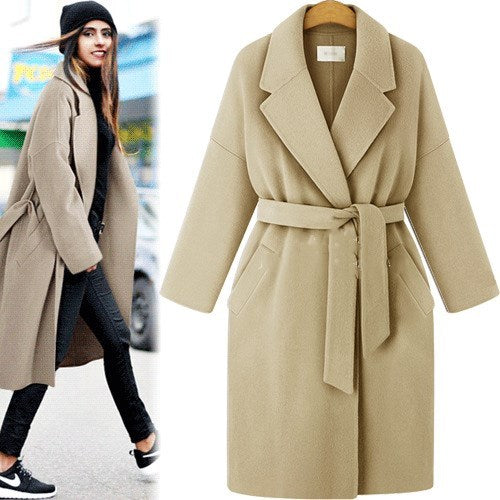 European and American winter new style plus size women's pure color lace-up windbreaker loose coat long woolen coat women