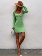 Female Slingback Square Collar Long Sleeve Dress Sweater