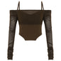 Mesh See-through Off-neck Braces Long Sleeve Irregular Cinched Waist Slim-fit Top T-shirt For Women